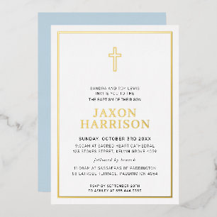 Invitation En Aluminium BAPTISME moderne élégant croisé garçon bébé bleu