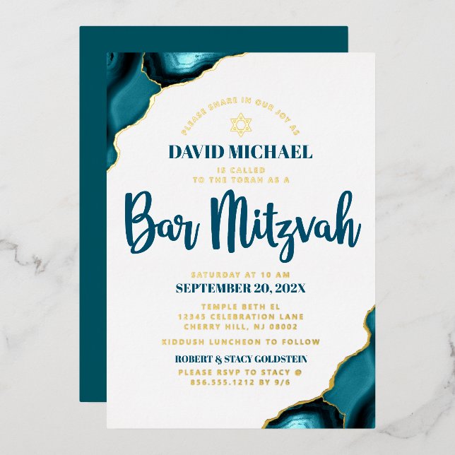 Invitation En Aluminium Bar Mitzvah Bold Turquoise Agate Script Real Gold (Recto/Verso)