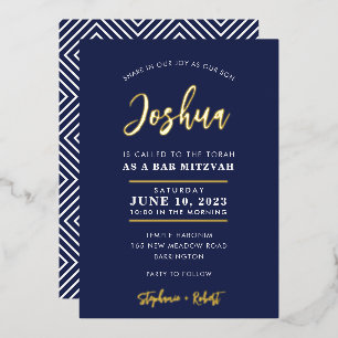 Invitation En Aluminium BAR MITZVAH calligraphie moderne bleu or
