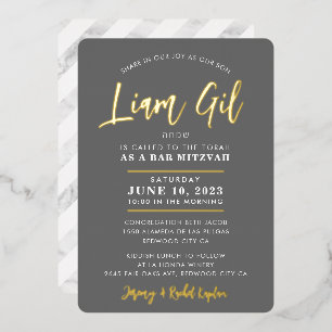 Invitation En Aluminium BAR MITZVAH calligraphie moderne grise dorée