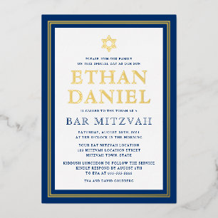 Invitation En Aluminium Bar mitzvah étoile de David à bordure dorée bleu m