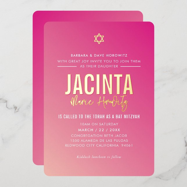 Invitation En Aluminium BAR MITZVAH étoile moderne rose vif dégradé or (Recto/Verso)