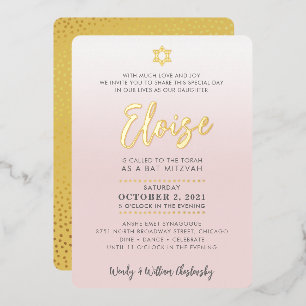 Invitation En Aluminium BAR MITZVAH jolie rose pâle ombre or star