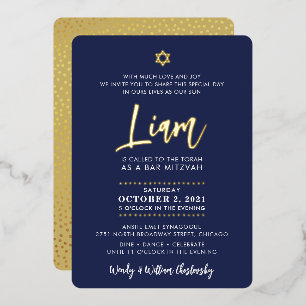 Invitation En Aluminium BAR MITZVAH lettrage script or gold bleu marine