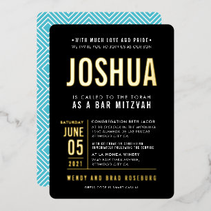 Invitation En Aluminium BAR MITZVAH moderne en bloc type noir bleu or