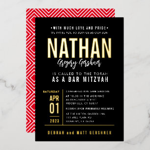 Invitation En Aluminium BAR MITZVAH moderne en bloc type noir rouge or