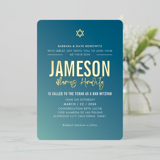 Invitation En Aluminium BAR MITZVAH moderne étoile bleu menthe dégradé (Debout devant)