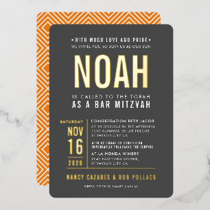 Invitation En Aluminium BAR MITZVAH moderne gras type bloc gris orange