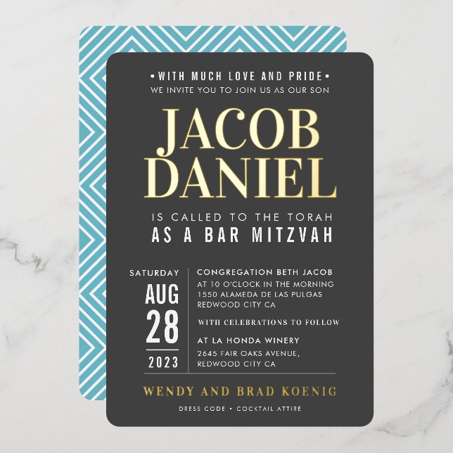 Invitation En Aluminium BAR MITZVAH moderne minima bold garçon gris aqua b (Recto/Verso)