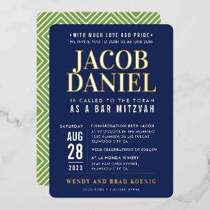 Invitation En Aluminium BAR MITZVAH moderne minimaliste bleu marine vert g