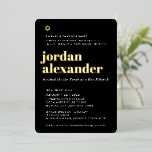 Invitation En Aluminium BAR MITZVAH moderne minimaliste tendance or noir