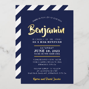 Invitation En Aluminium BAR MITZVAH moderne style calligraphie marine or