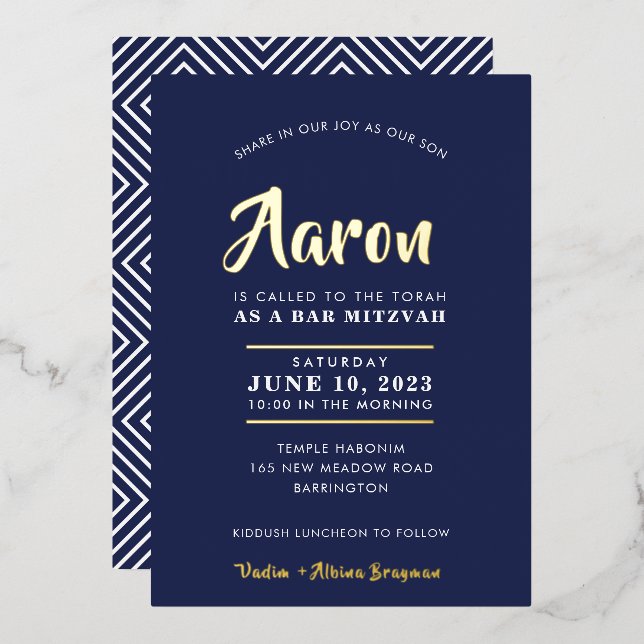 Invitation En Aluminium BAR MITZVAH moderne style calligraphie marine or (Recto/Verso)