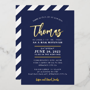 Invitation En Aluminium BAR MITZVAH moderne style calligraphie marine or F