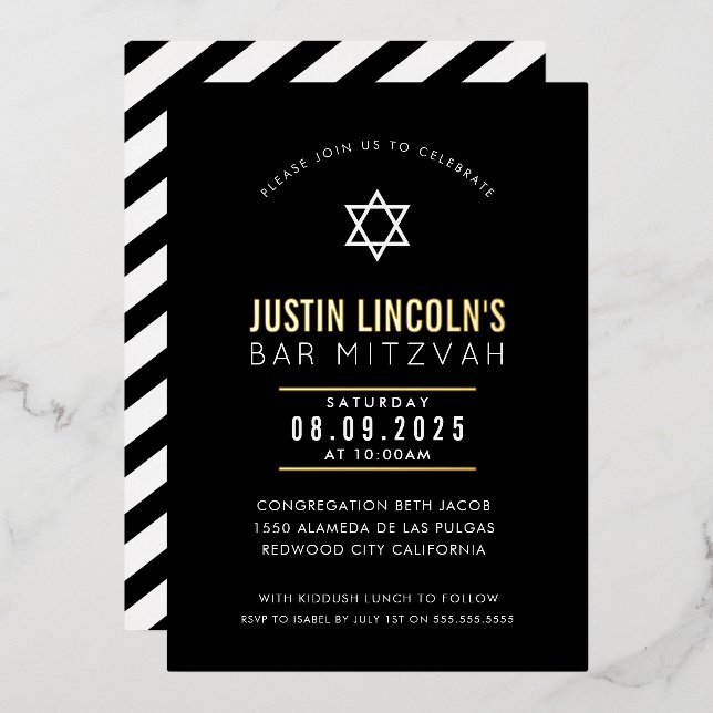 Invitation En Aluminium BAR MITZVAH simple étoile moderne minimaliste noir (Recto/Verso)