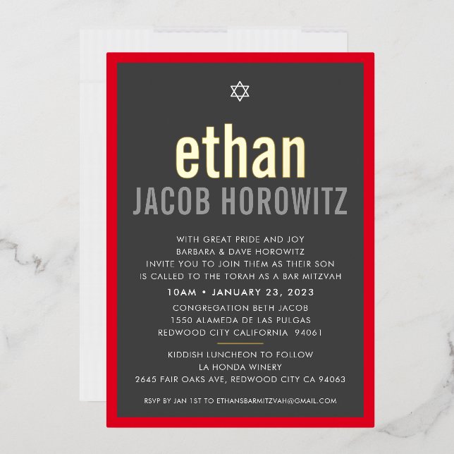 Invitation En Aluminium BAR MITZVAH simple étoile moderne nom gris rouge o (Enveloppe)