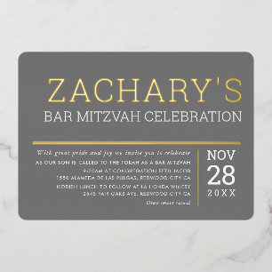Invitation En Aluminium BAR MITZVAH simple moderne garçon gris or