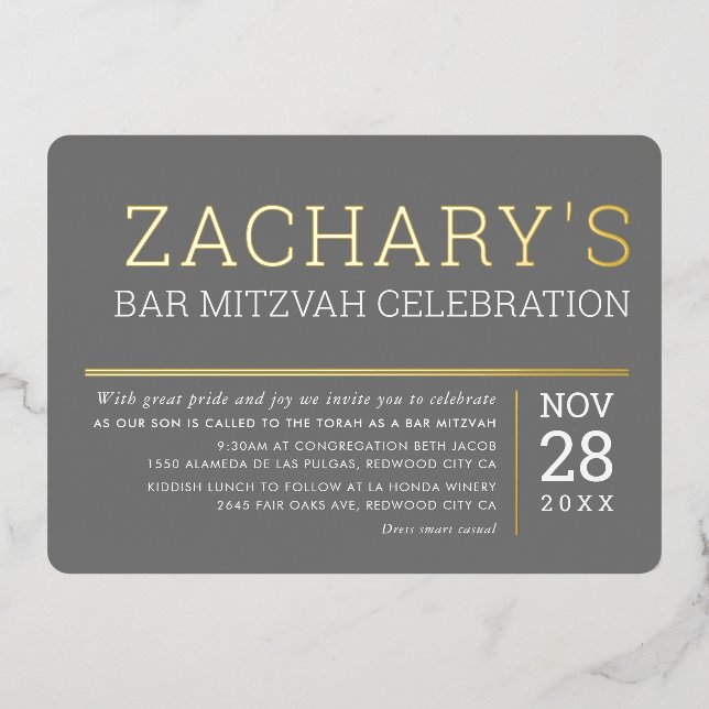 Invitation En Aluminium BAR MITZVAH simple moderne garçon gris or (Recto)