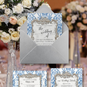 Invitation En Aluminium Baroque Rococo Floral Bleu Blanc Argent Vintage