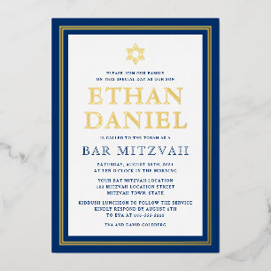 Invitation En Aluminium Barre d'or bleu marine mitzvah Étoile de David