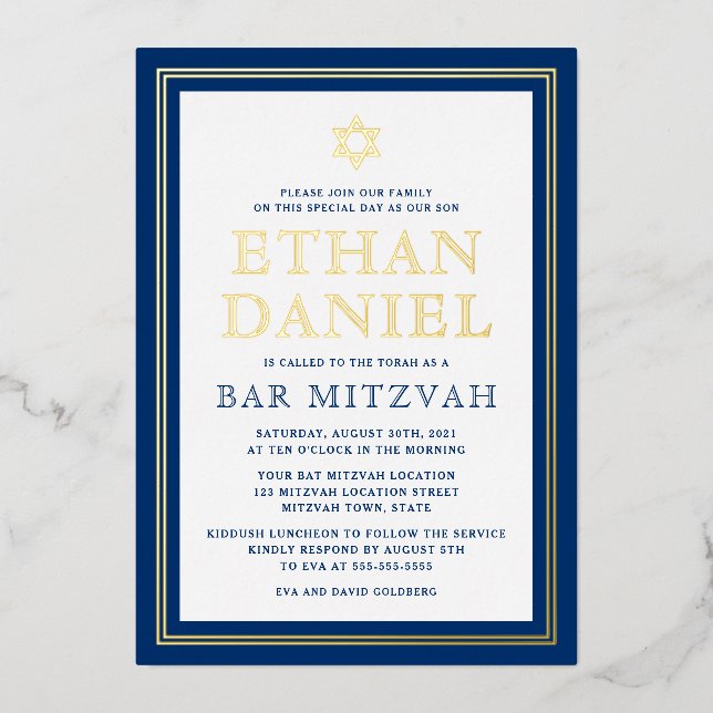 Invitation En Aluminium Barre d'or bleu marine mitzvah Étoile de David (Recto)