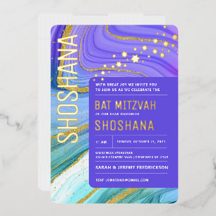 Invitation En Aluminium Bat mitzvah Agate Marbre VÉRITABLE GOLD Foil Invit