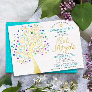 Invitation En Aluminium Bat Mitzvah Arbre de Vie Turquoise en Orvéritable