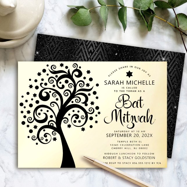 Invitation En Aluminium Bat mitzvah Arbre noir de vie Script Véritable or (Créateur téléchargé)