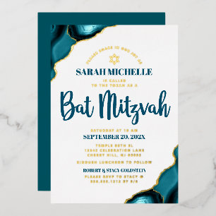 Invitation En Aluminium Bat mitzvah Bold Turquoise Agate Script Real Gold