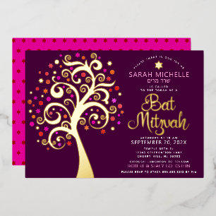 Invitation En Aluminium Bat mitzvah Bourgogne Arbre de Vie Script Véritabl