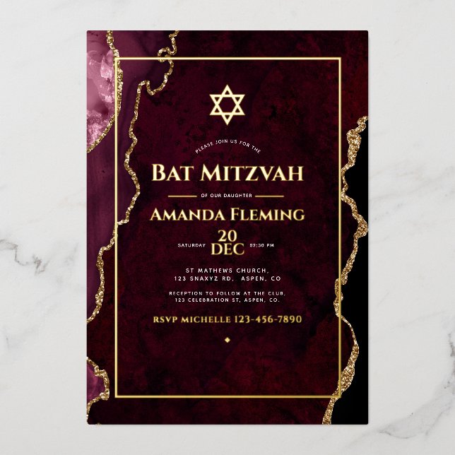 Invitation En Aluminium Bat mitzvah d'agate de Bourgogne et de Gold Faux (Recto)