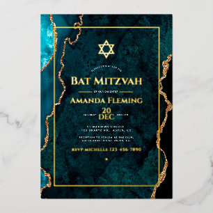 Invitation En Aluminium Bat mitzvah d'agate turquoise et Gold Faux