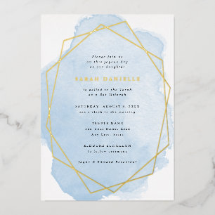 Invitation En Aluminium Bat mitzvah d'aquarelle bleu-cadre Gold