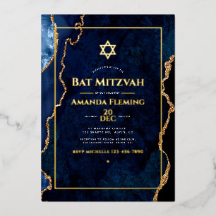 Invitation En Aluminium Bat mitzvah de la Marine et de l'or Faux Agate Pho