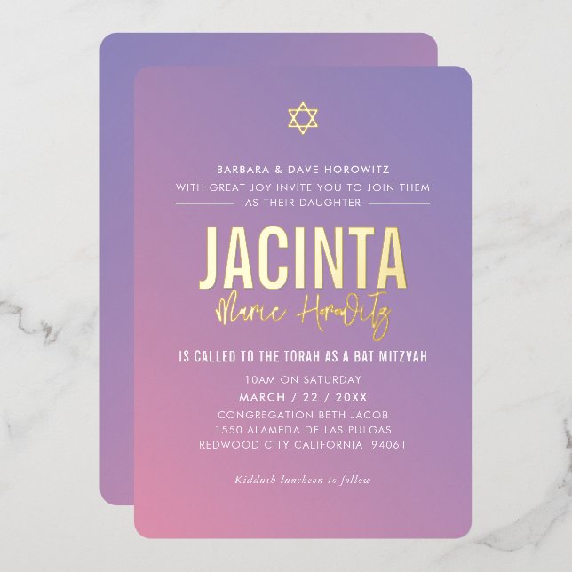 Invitation En Aluminium BAT MITZVAH étoile moderne dégradé violet rose  (Recto/Verso)