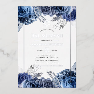 Invitation En Aluminium Bat mitzvah floral marine et argent