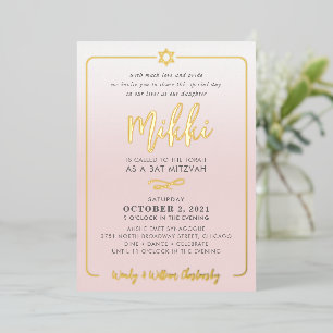 Invitation En Aluminium BAT MITZVAH joli script rose pâle ombre or