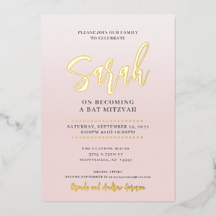 Invitation En Aluminium BAT MITZVAH moderne calligraphie blush or rose