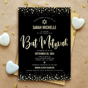 Invitation En Aluminium Bat Mitzvah Moderne Écriture Gras Or Noir Réel