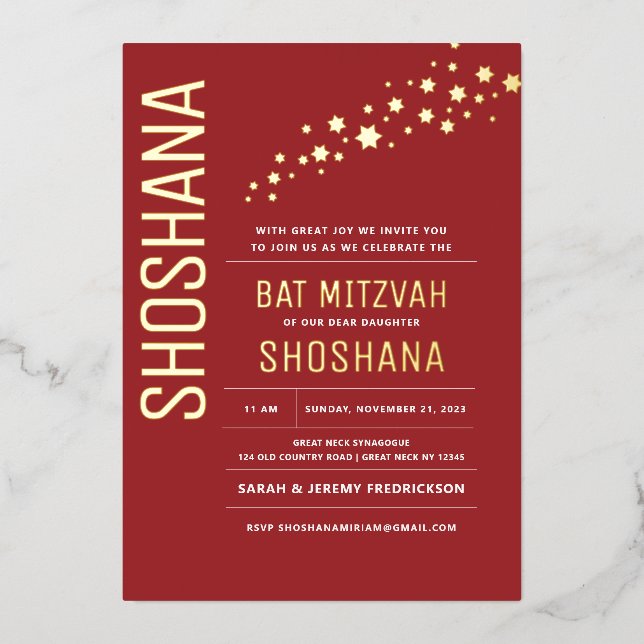 Invitation En Aluminium Bat mitzvah Moderne Élégant VRAI OR (Recto)