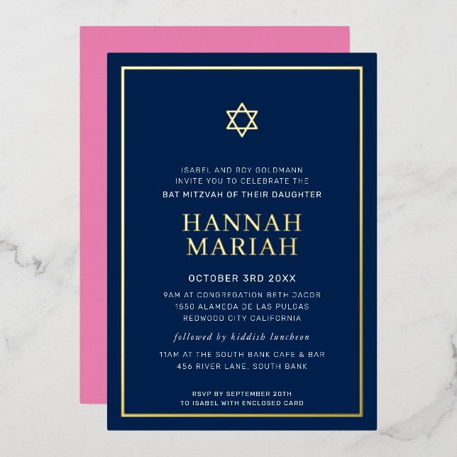 Invitation En Aluminium BAT MITZVAH moderne minima étoile frontière rose m (Recto/Verso)