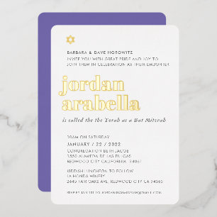 Invitation En Aluminium BAT MITZVAH moderne minimaliste gras élégant viole