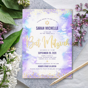Invitation En Aluminium Bat Mitzvah moderne violet aquarelle or véritable