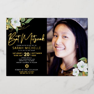 Invitation En Aluminium Bat mitzvah photo noir floral Script Real Gold