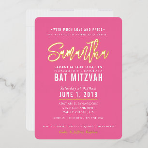 Invitation En Aluminium BAT MITZVAH script moderne joli or rose