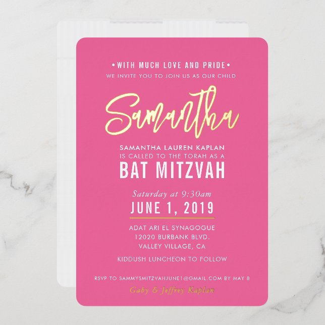 Invitation En Aluminium BAT MITZVAH script moderne joli or rose (Enveloppe)