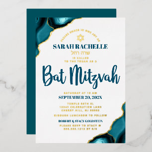 Invitation En Aluminium Bat mitzvah Turquoise Agate Bold Script Real Gold