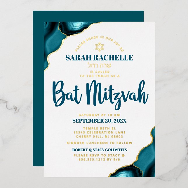 Invitation En Aluminium Bat mitzvah Turquoise Agate Bold Script Real Gold (Recto/Verso)