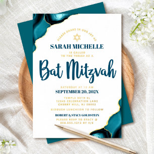 Invitation En Aluminium Bat Mitzvah Turquoise Agate Gras Or Véritable Scri