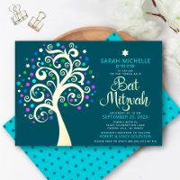 Bat mitzvah Turquoise Arbre de Vie Script Real Gol